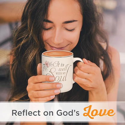Christian Art Gifts Floral Pink Ceramic Coffee Mug – 14 oz. Lead and Cadmium-free, Non-toxic Inspirational Scripture Coffee and Tea Mug for Women with Worship Song and Hymn: It is Well with My Soul