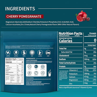 Electrolytes Powder Packets, 30 Sticks Hydration Packets Sugar Free, Electrolyte Drink Mix Portable Electrolyte Packets for Rapid Hydration, 0 Sugar & 0 Calorie, Cherry & Pomegranate Flavor