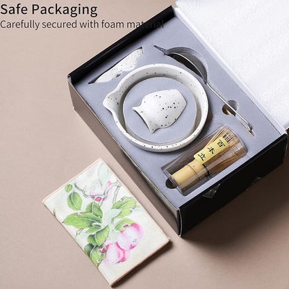 7Pcs Japanese Matcha Tea Set, Matcha Kit with Matcha Bowl (with Pouring Spout), Matcha Whisk, Whisk Holder, Strainer - Elegant Matcha Set for Gifting and Personal Use, Gift Box Packaging (white)