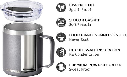 SUNWILL Travel Coffee Mug with Lid, Insulated Tumbler with Handle, 14 oz Stainless Steel Cup for Ice, Water, Tea, Powder Coated Cool Grey