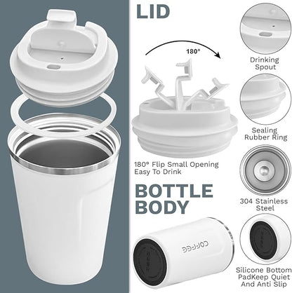YINBAOGE Insulated Travel Coffee Mug Spill Proof Leak Proof Pobtable To Go Camping Stainless Steel Coffee Tumbler Reusable Coffee Cups with Lids Thermos for Hot and Cold Drink (2nd-White, 12 OZ)