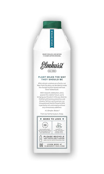 Elmhurst 1925 Vanilla Pistachio Milk Unsweetened - 32 Ounce (Pack of 6) Dairy-Free, Vegan, Kosher, Shelf Stable Milk Made w/Vanilla, Water & Pistachio for Healthier, Simpler Plant-Based Alternatives