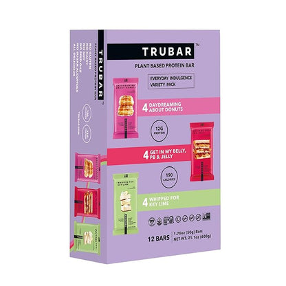 TRUBAR Vegan Protein Bar Variety Pack, Assorted Flavors, Donuts, PB & Jelly, Key Lime, Gluten Free, Vegan Protein Snacks, 12G Plant-Based Protein, High Fiber, Healthy Protein Bars, 12 CT