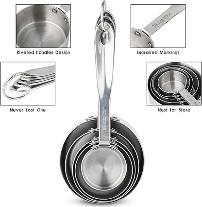 Measuring Cups and Spoons Set, 18/8 Stainless Steel Measuring Cups and Spoons Set for Kitchen & Baking, 5 MeasurE Cups &6 Long MeasurE Spoons&Leveler, Metric Measure Tools for Dry & Liquid