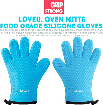 Kitchen Oven Gloves - Dual-Layer Heat Resistant Grilling Gloves, Silicone Oven Mitts with 5 Fingers, Waterproof Non-Slip Pot Holder for Barbecue, Cooking, Baking (Small, Blue)