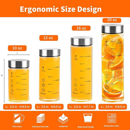 Glass Juice Bottles 4 Pack 12 oz - Wide Mouth Glass Water Bottles with Lids - for Juicing, Protein, Smoothie, Milk, Reusable, BPA Free, Stainless Steel Lids, Blender, Shaker Bottle [12oz/400ml]