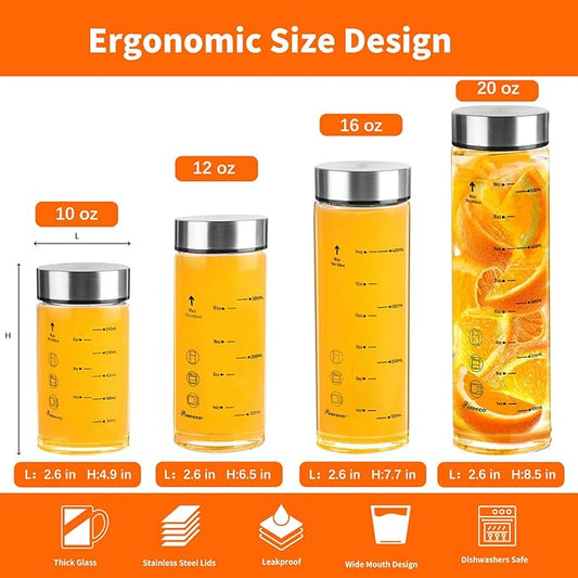 Glass Juice Bottles 4 Pack 10 oz - Wide Mouth Glass Water Bottles with Lids - for Juicing, Protein, Smoothie, Milk, Reusable, BPA Free, Stainless Steel Lids, Blender, Shaker Bottle [10oz/300ml]