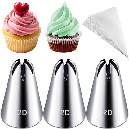 Hendiy 3pcs 2D Cake Piping Tips with 20 Piping Bags, Large Piping Nozzles Decorating Tips, Cake Baking Tools for Cookie Icing Cupcakes, Buttercream,Birthday Cake, Cupcake, DIY Art