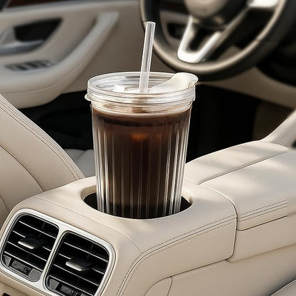 WERTIOO 20 Oz Ribbed Glass Tumblers with Straw and Lid, Glassware Drinking Glasses Set of 4, Leak Proof Ice Coffee Cups Reusable, Thickened Glass, Ideal for Iced Coffee, Smoothies and Juices