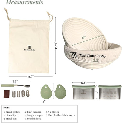 Banneton Bread Proofing Basket Set: Sourdough Starter Kit - 9 inch Round Rattan bowl, Scoring lame, dough scraper, bread bag, Sourdough Bread Baking Supplies Tools - Baking gift set