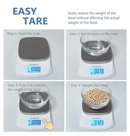 NUTRI FIT Food Kitchen Scale Digital Grams and Ounces Ultra Slim Scale Portable for Baking Cooking Camping Stainless Tare Auto Off Backlit Large LCD Display 11lb/5kg-White