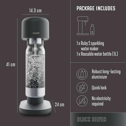 Mysoda Ruby 2 Sparkling Water Maker - Soda Streaming Machine Silent Carbonated Water Machine Robust Long-Lasting Aluminium Soda Maker 1L Water Bottle Without CO2 Cylinder - Black Silver Soda Machine