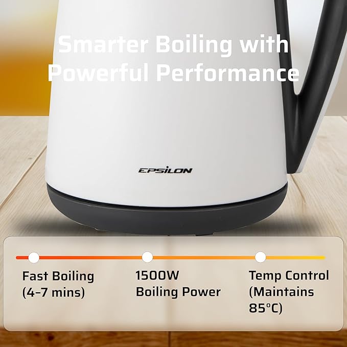 Epsilon Double Wall Electric Kettle 1500W – 1.7L Hot Water Tea Kettle & Hot Water Boiler with Auto Shut-Off, Boil Dry Protection, BPA-Free Stainless Steel Electric Teapot, Fast Boil, Cool Touch Design