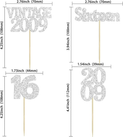 Gyufise 24Pcs 16th Birthday Cupcake Toppers Glitter Sixteen Vintage 2009 Hello 16 Years Birthday Cupcake Picks Sweet 16 Cake Decorations for Happy 16th Birthday Anniversary Party Supplies Silver