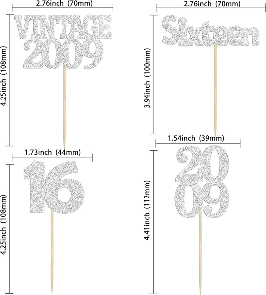 Gyufise 24Pcs 16th Birthday Cupcake Toppers Glitter Sixteen Vintage 2009 Hello 16 Years Birthday Cupcake Picks Sweet 16 Cake Decorations for Happy 16th Birthday Anniversary Party Supplies Silver