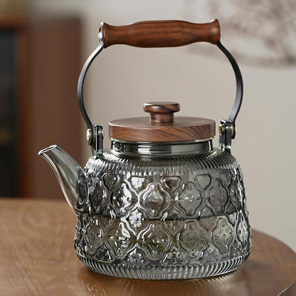 IwaiLoft Stovetop Safe Glass Teapot with Malus Spectabilis Pattern Removable Infuser Fine Borosilicate Tea Pot perfect for Fruit Flowering Tea Canister Premium Quality Tea Kettle Gift(Gray)