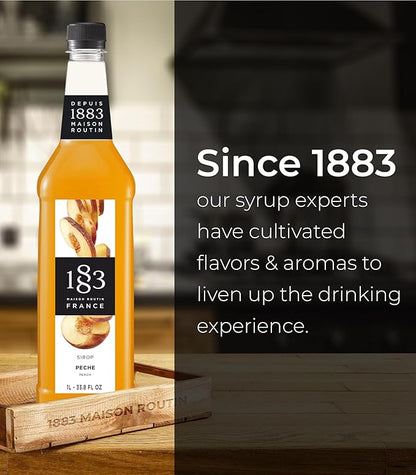 1883 Peach Syrup for Drinks, Made in France, 1 Liter Plastic Bottle
