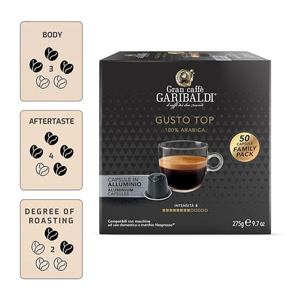 Gran Caffè Garibaldi Espresso Pods, Italian Roasted Compatible Nespresso Original Line Machines, 100% Arabica Blend, Brazilian & Central American Beans, Cocoa Aroma - Gusto Top (Aluminum) 200 Cups