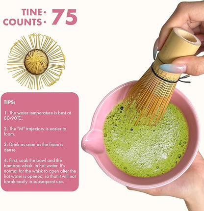 Matcha Whisk Set,9 Pcs Matcha Set with Matcha Bowl,Spout, Bamboo Whisk, Spoon Stand, Scoop, Sifter, Towel, Teaspoon and Glass Measuring Cup for Making Breakfast/Latte, Gift for Matcha Lover, Pink