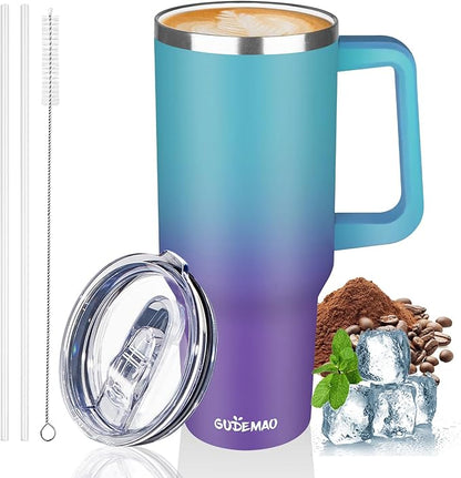40 oz Insulated Coffee Mug with Ceramic Coating, Stainless Steel Travel Coffee Tumbler with Handle Lid and Straw, Double Wall Leak-Proof Coffee Travel Mug Keeps Drink Hot and Cold (Azure Purple)
