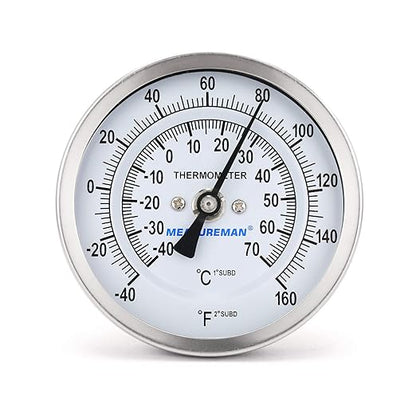 MEASUREMAN Fully Stainless Steel Pot, Kettle, Brewing Bimetal Dial Thermometer, 3" Dial, 2-1/2" Stem, -40-160 deg F/-40-70 deg C, -1% Accuracy, Adjustable, 1/2" NPT Back Mount
