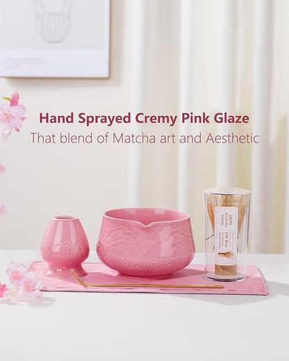 ZENS Pink Matcha Set, Matcha Whisk Set Includes Ceramic Bowl, Matcha Whisk and Chasen Holder, Bamboo Scoop-Tea Towel, 5pcs Matcha Kit Set for Matcha Lovers, Sakura Pink