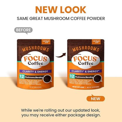 Venture Pal Mushroom Coffee with 12 Adaptogenic Functional Mushrooms with Ashwagandha, Lion's Mane, Chaga and Probiotics, 1200mg Mushrooms Instant Coffee for Focus, Digestion & Immunity - 40 Servings