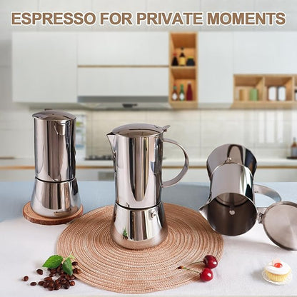 Uncoated 6 Cup Moka Pot 304 Thickened Stainless Steel Coffee Maker Stovetop Espresso Coffeemaker Italian Classic Style Brewing Greca Cafe Mocha Machine for Cafeteras Camping Travel Home 300ml 10oz