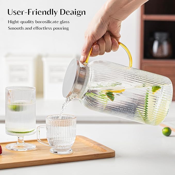 INSETLAN 68 Oz/2L Glass Pitcher with Lid and Spout, Ribbed Glass Jugs with Handle, Hot & Cold Water Pitcher for Iced Tea, Juice, Lemonade - Modern Glass Carafe for Fridge or Table (Pack of 2)