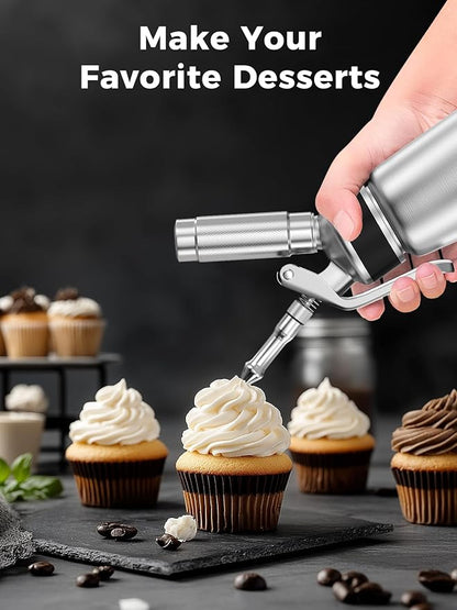 Whipped Cream Dispenser Stainless Steel,Cream Whipper with 4 Injector Tips and 3 Decorating Nozzles,Dishwasher Safe,Chargers NOT Included