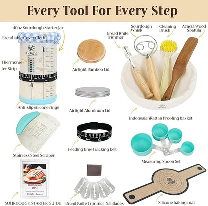 Complete Sourdough Starter Kit with 9" Rattan Banneton & 40oz Glass Jar - Bread Baking Supplies Set Includes Dough Whisk, Lame, Acacia Wood Spatula - Gift Set by Delight Source