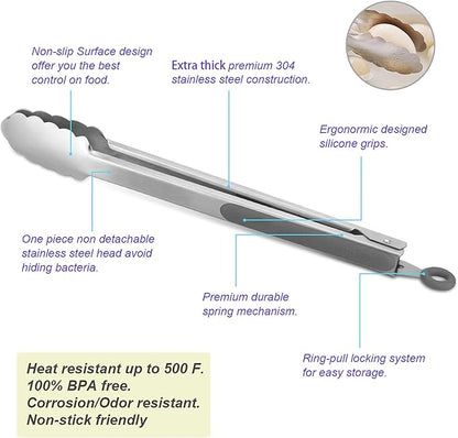 304 Stainless Steel Kitchen Cooking Tongs, 12" and 14" Set of 2 Sturdy Grilling Barbeque Brushed Locking Food Tongs with Ergonomic Grip, Grey