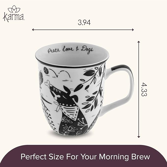 Karma Gifts 16 oz Black and White Boho Mug Dog - Cute Coffee and Tea Mug - Ceramic Coffee Mugs for Women and Men