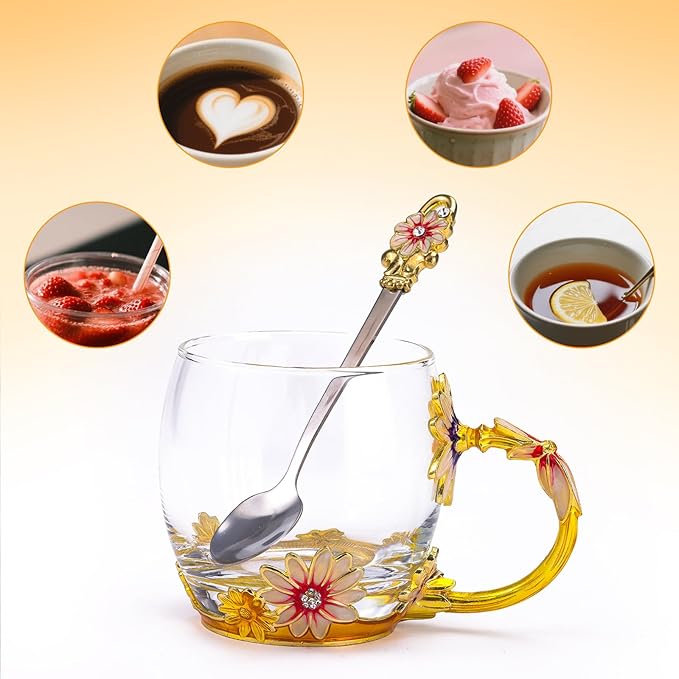 ANLUNOB Preserved Flower Rose in Angle Tea Coffee Mug with Spoon Artisan Enamel Glass Tea Cup Elegant Floral Design Birthday Anniversary Mother Day Valentines Gifts for women mom grandma friends