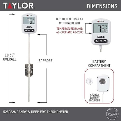 Taylor Programmable Digital Candy and Deep Fry Thermometer with Green Light Alert Display & Stainless Steel Candy Deep Fry Food Cooking Kitchen Analog Thermometer, 12 Inches