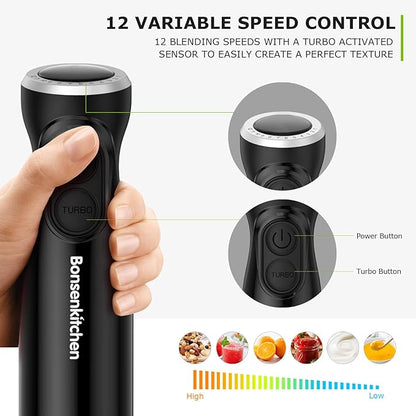 Bonsenkitchen Immersion Blender Handheld, 12-Speed and Turbo Hand Blender Electric with Sharp Blades, 3-In-1 Hand Held Stick Mixer with Egg Whisk, 24oz Beaker for Soups, Smoothies, Sauce