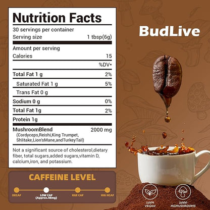 Organic Mushroom Coffee with Lion's Mane, Reishi & Cordyceps – 6 Mushroom Adaptogen Blend for Focus, Energy, Digestion & Immune Support, Low Acid Instant Coffee Powder, 30 Servings