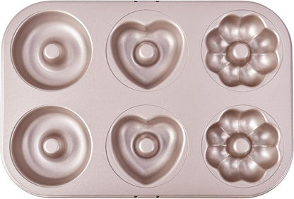Fancy Donut Pan, 6 Cavity Donut Mold Heavy Duty Steel Non-stick Heart Flower Round Shaped Bund Pans Pattern Doughnut Bakeware for Oven Baking (Champagne Gold)