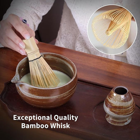 Japanese Matcha Whisk Set - 6-Piece Kit with Bamboo Chasen, Matcha Ceramic Bowl with Spout, Stainless Steel Sifter Brown