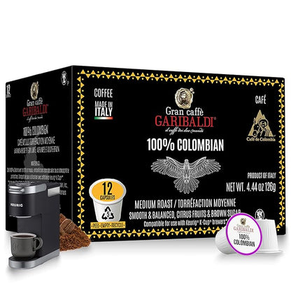 Caffè Garibaldi Colombian Coffee Pods, for Keurig K-Cup Brewers, Single Serve Cups with 100% Arabica Blend for Coffee Makers, 12 Count Recyclable Pods - Medium Roast
