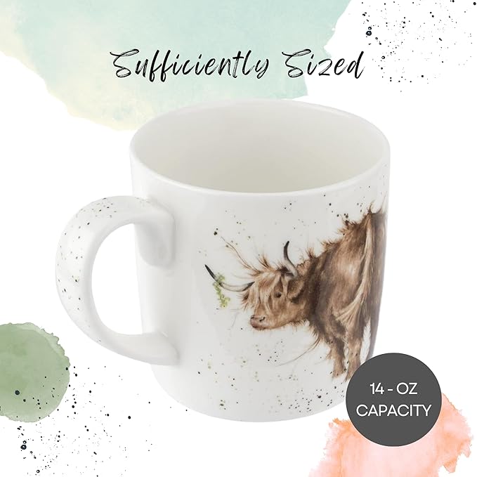 Royal Worcester Wrendale Designs 14 oz Mug, Daisy Coo - Fine Bone China with Cow Motif - Woodland Themed Tea Mug for Cozy Cottagecore Homes - Safe Ceramic Drinkware for Daily Use