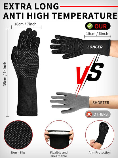 BBQ Oven Gloves 1472℉ Heat Resistant Oven Mitts Silicone Non-Slip Cooking Gloves for Barbecue, Grilling, Baking, Welding, Smoker (A Pair) (Black)