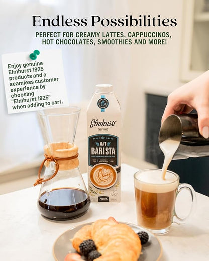 Elmhurst 1925 Oat Milk Barista Edition – 32oz (6-Pack) Plant-Based, Vegan, Dairy-Free, Kosher, Gluten-Free, Non-GMO, Froths for Lattes & Iced Coffee, 20g Whole Grains per Serving, Simple Ingredients