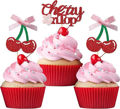 24 Pack She's the Cherry On Top Cupcake Toppers, Glitter Cherry Sweet Cake Pick for Fruits Theme Baby Shower and Bridal Shower Decorations Supplies (Ribbon Top)