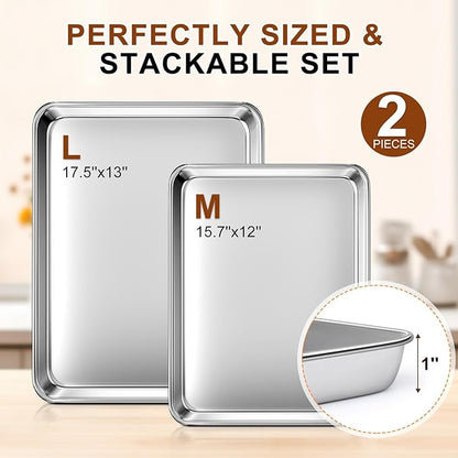 Baking Sheet Set of 2, Commercial Grade Stainless Steel Cookie Sheets for Baking, 17.5''x13'' / 15.7''x12'', Thicker and Firmer Baking Pans Set, Rust & Warp Resistant & Nonstick, Nontoxic & Heavy Duty