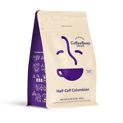 Coffee Bean Direct Half-Caff Colombian, Whole Bean Coffee, Light Roast, 1 Pound Bag (Pack of 1)
