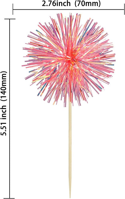 Ephlyn 30Pcs Foil Firework Cupcake Toppers Sparkle Tinsel Cupcake Picks Happy Birthday Cake Decorations Drink Stirrers Cocktail Food Fruit Toothpicks for Baby Shower Graduation Party Supplies Orange