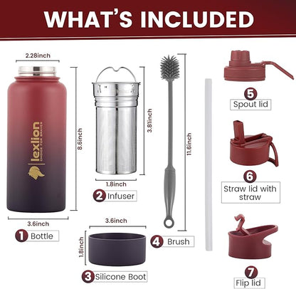Lexlion 32 Oz Triple Walled Insulated Stainless Steel Fruit Infuser Water Bottle, 100% Leakproof, 3 Lids, Infuser, Silicone Sleeve, Metal Mug Gallon