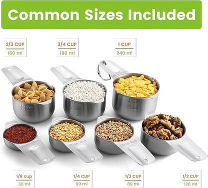 Spring Chef Stainless Steel Measuring Cups Set of 7 with Pour Spout - Nesting Kitchen Tools with Easy Read Markings to Measure Dry or Liquid Ingredients - Metal Measuring Cups for Baking & Cooking