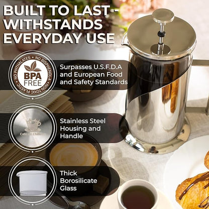 Cafe Du Chateau Stainless Steel French Press Coffee Maker - 34oz Insulated Coffee Press with 4-Level Filtration, BPA Free, Durable Glass, Great for Tea